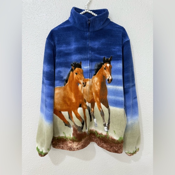 Vintage Back in the Saddle fleece Sz M all over print Horses - Picture 1 of 13